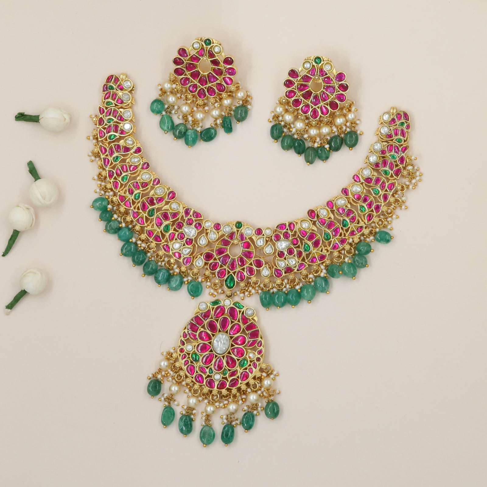 Traditional Peacock Jadau Necklace with Teardrop Stone Arrangement