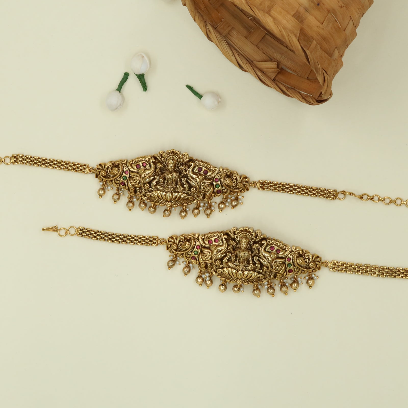 Ornate Lakshmi Centre Baju Bandi with Sculpted Elephant Frames