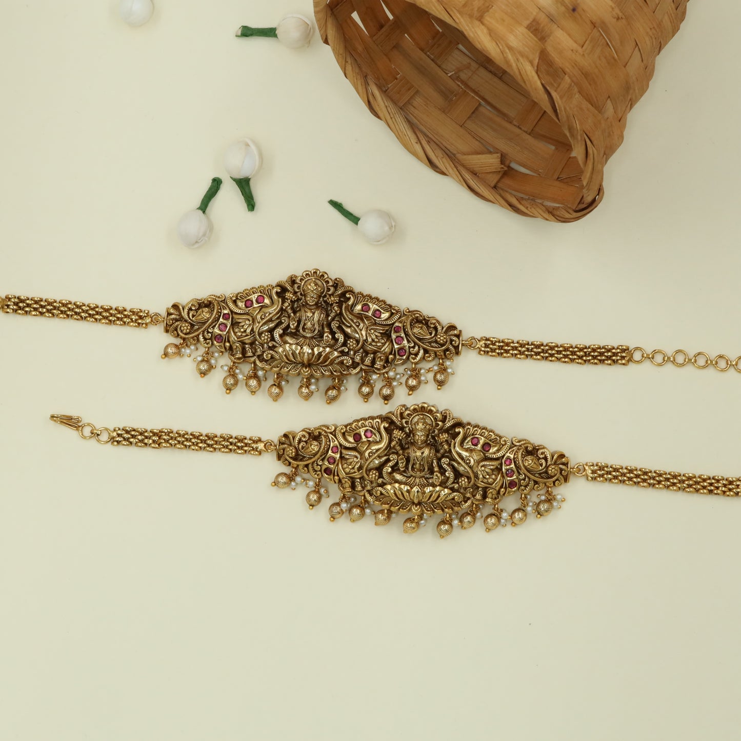 Ornate Lakshmi Centre Baju Bandi with Sculpted Elephant Frames