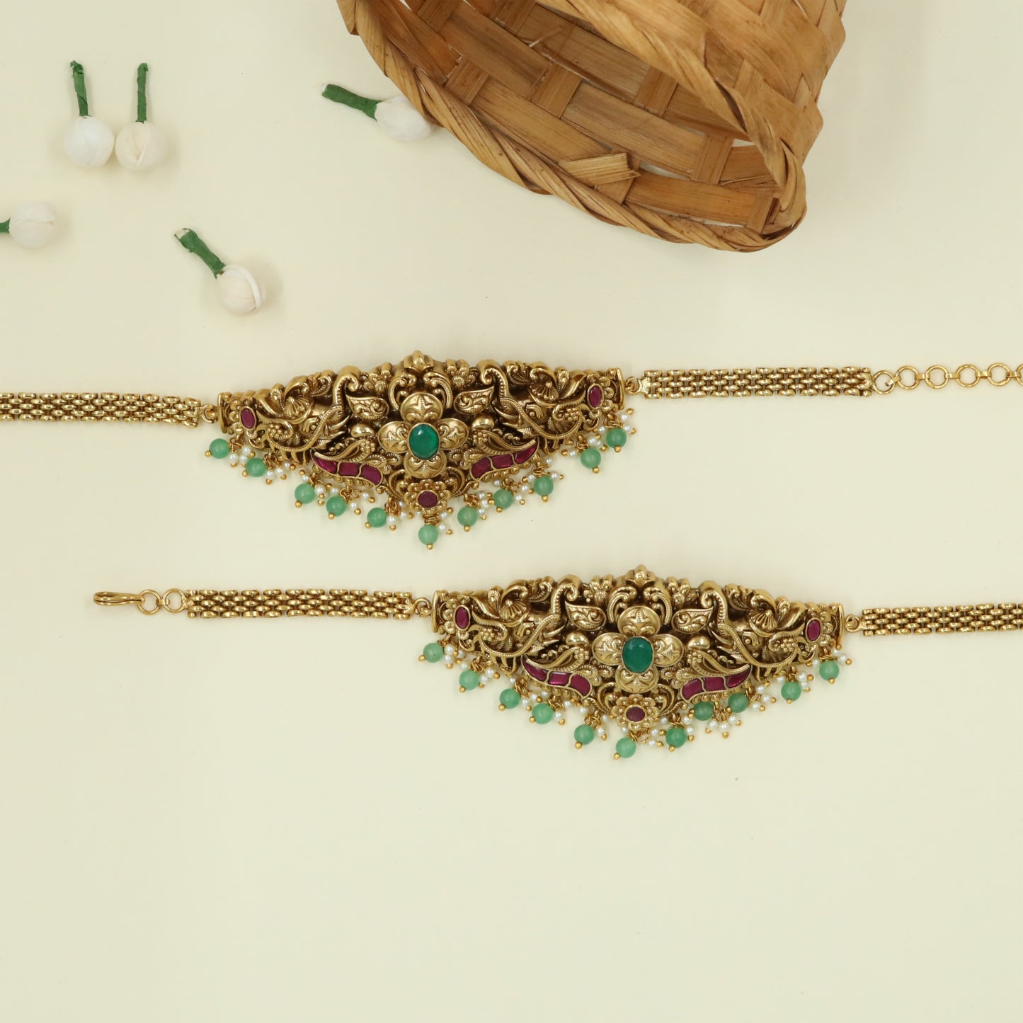 Antique Finish Floral Panel Baju Bandi with Balanced Elepahnt Design and Stone Setting