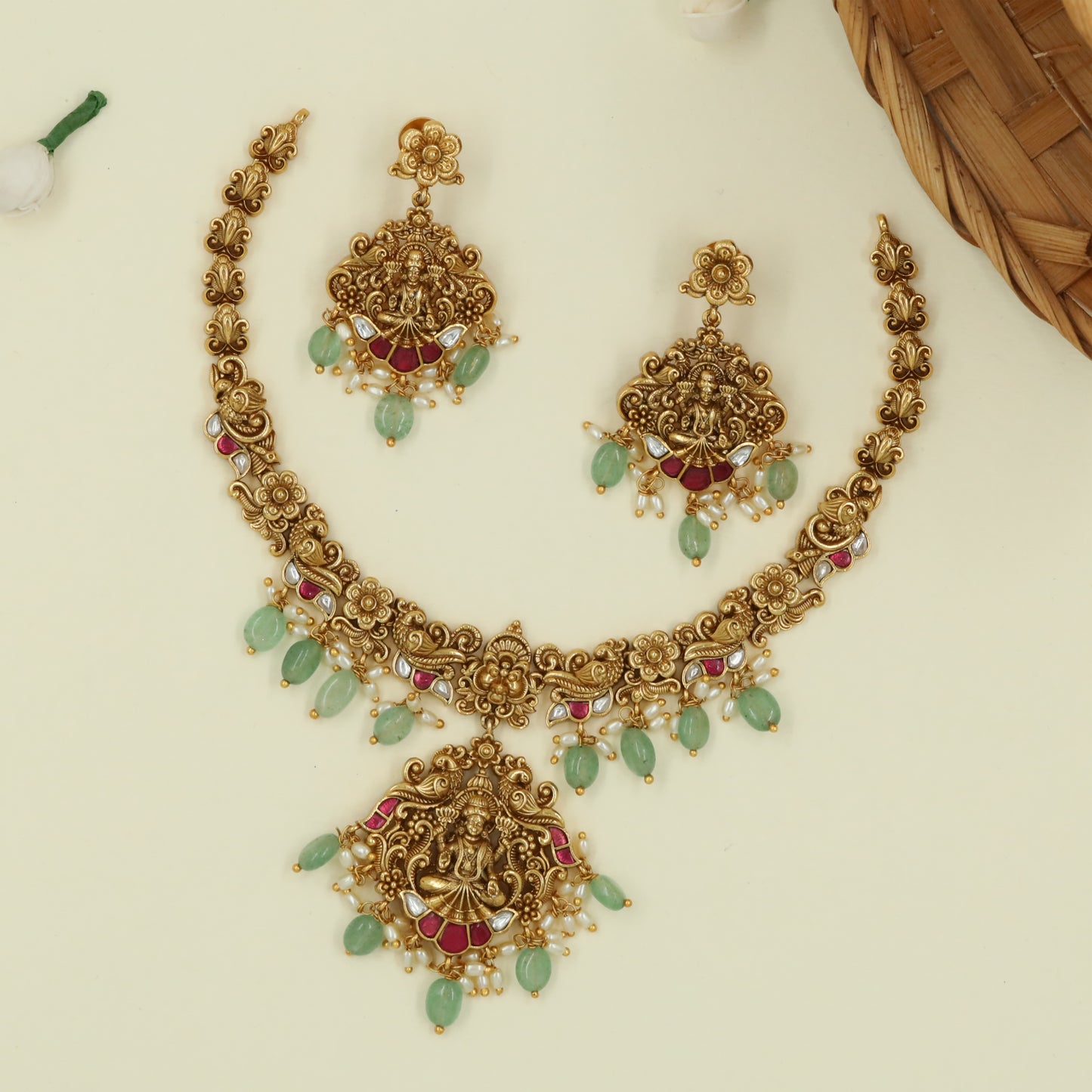 Temple Crest Lakshmi Necklace with Twin Parrot Guardians and Green Bead Fringe