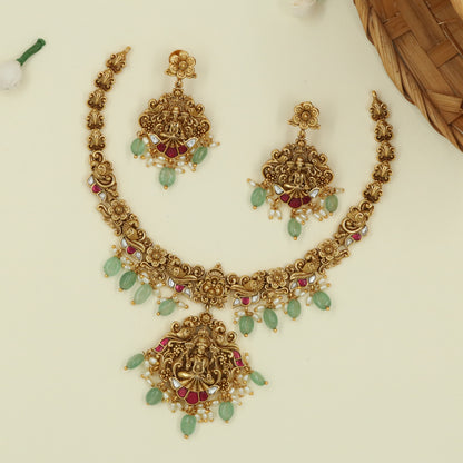 Temple Crest Lakshmi Necklace with Twin Parrot Guardians and Green Bead Fringe