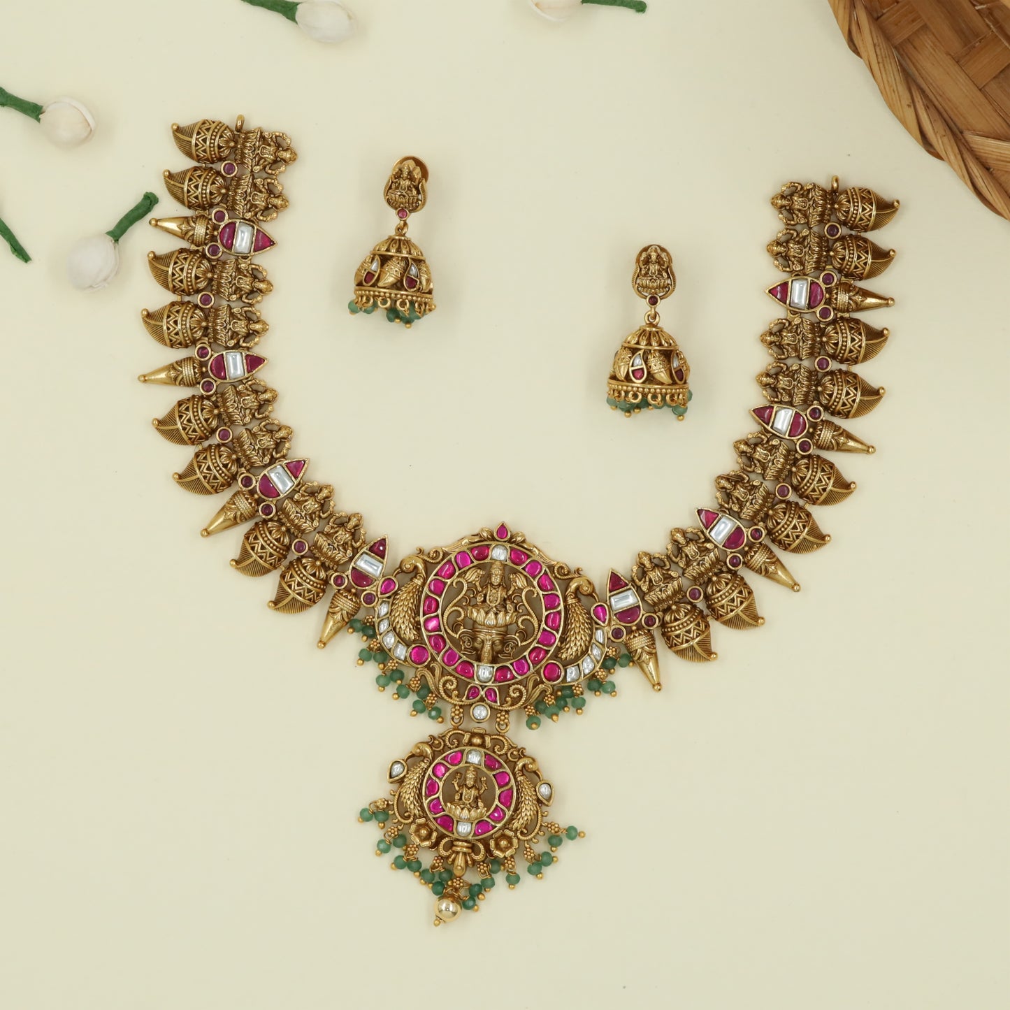 Sacred Lotus Throne Pendant Necklace Framed by Sculpted Peacocks and Temple Links