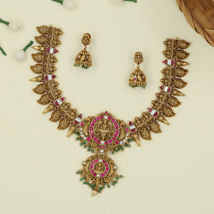 Sacred Lotus Throne Pendant Necklace Framed by Sculpted Peacocks and Temple Links