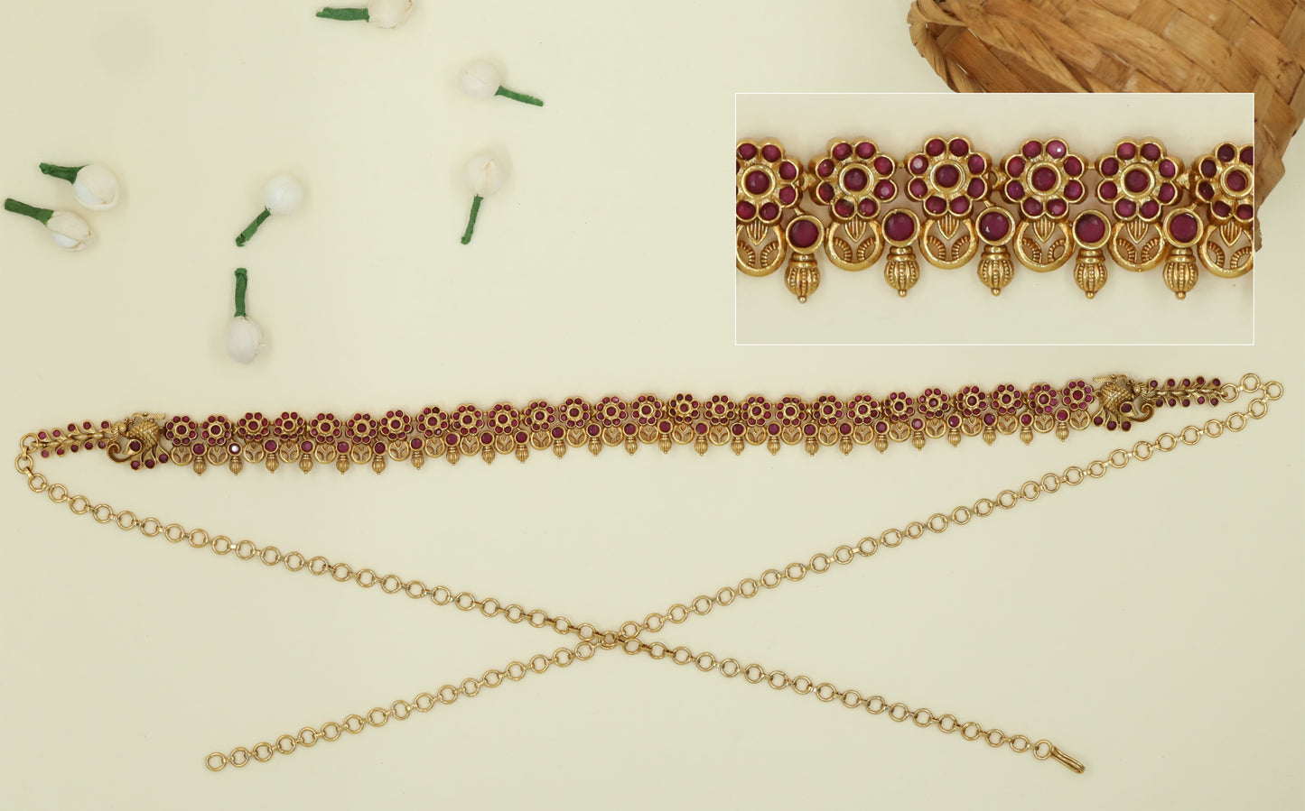 Floral Disc Waist Belt with Peacock Clasp and Leaf Extension