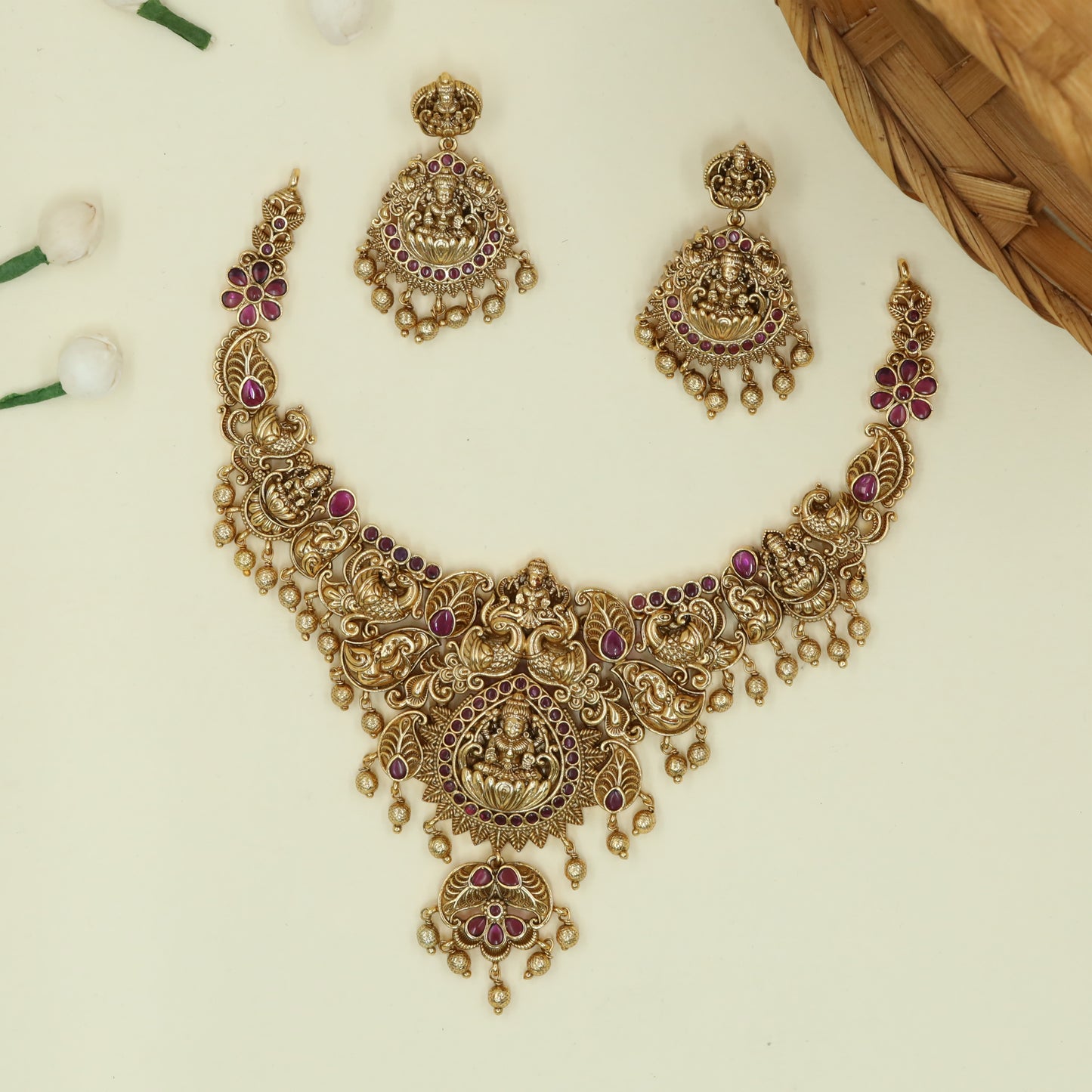 Lakshmi Medallion Necklace with Radiating Sunburst Frame and Peacock Scroll Panels