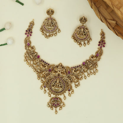 Lakshmi Medallion Necklace with Radiating Sunburst Frame and Peacock Scroll Panels