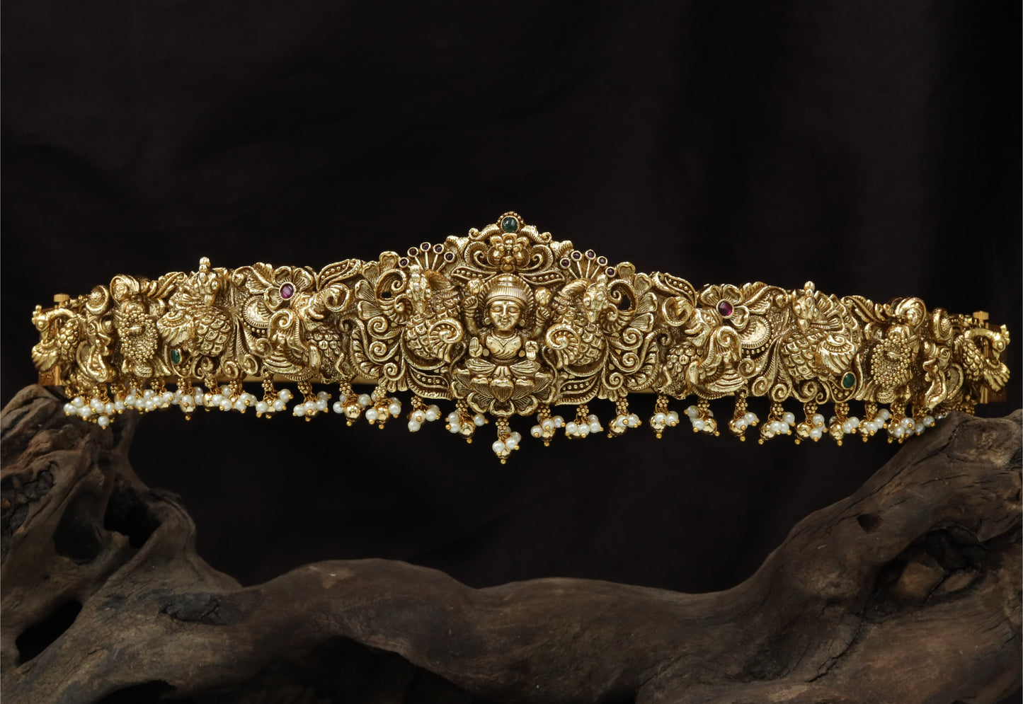 Majestic Lakshmi Dabu with Twin Peacock Flanks and Pearl Fringe