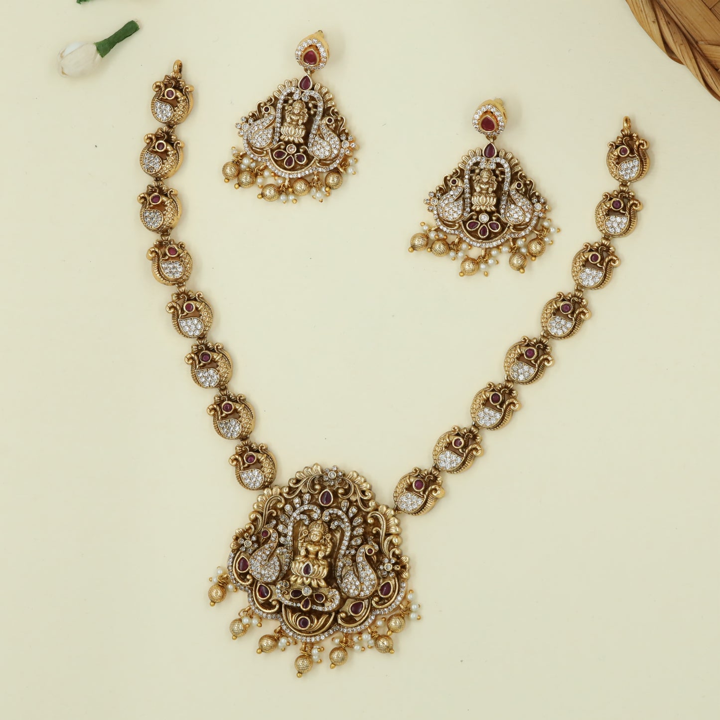 Lotus Seated Goddess Necklace Surrounded by Stone-Studded Peacock Arches