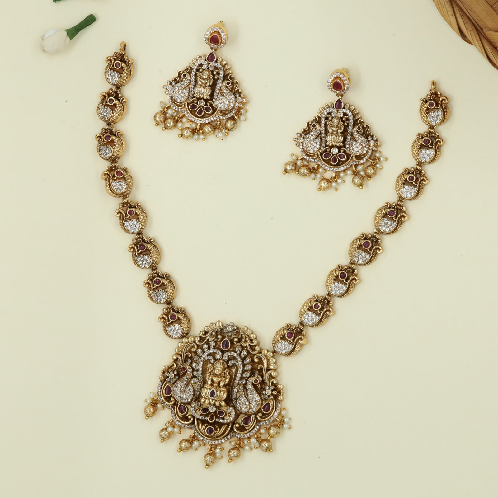 Lotus Seated Goddess Necklace Surrounded by Stone-Studded Peacock Arches