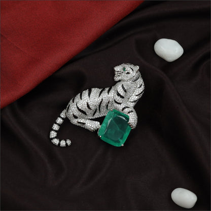 Majestic Tiger Motif Brooch Holding Faceted Jewel Block