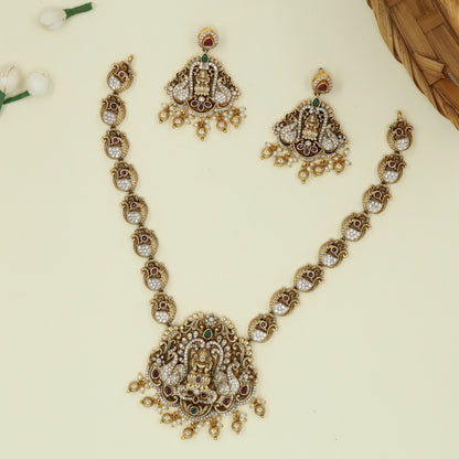 Lotus Seated Goddess Necklace Surrounded by Stone-Studded Peacock Arches