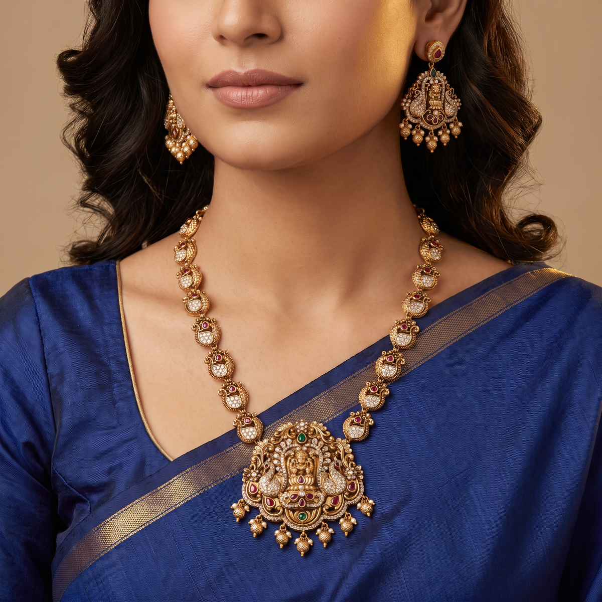 Lotus Seated Goddess Necklace Surrounded by Stone-Studded Peacock Arches