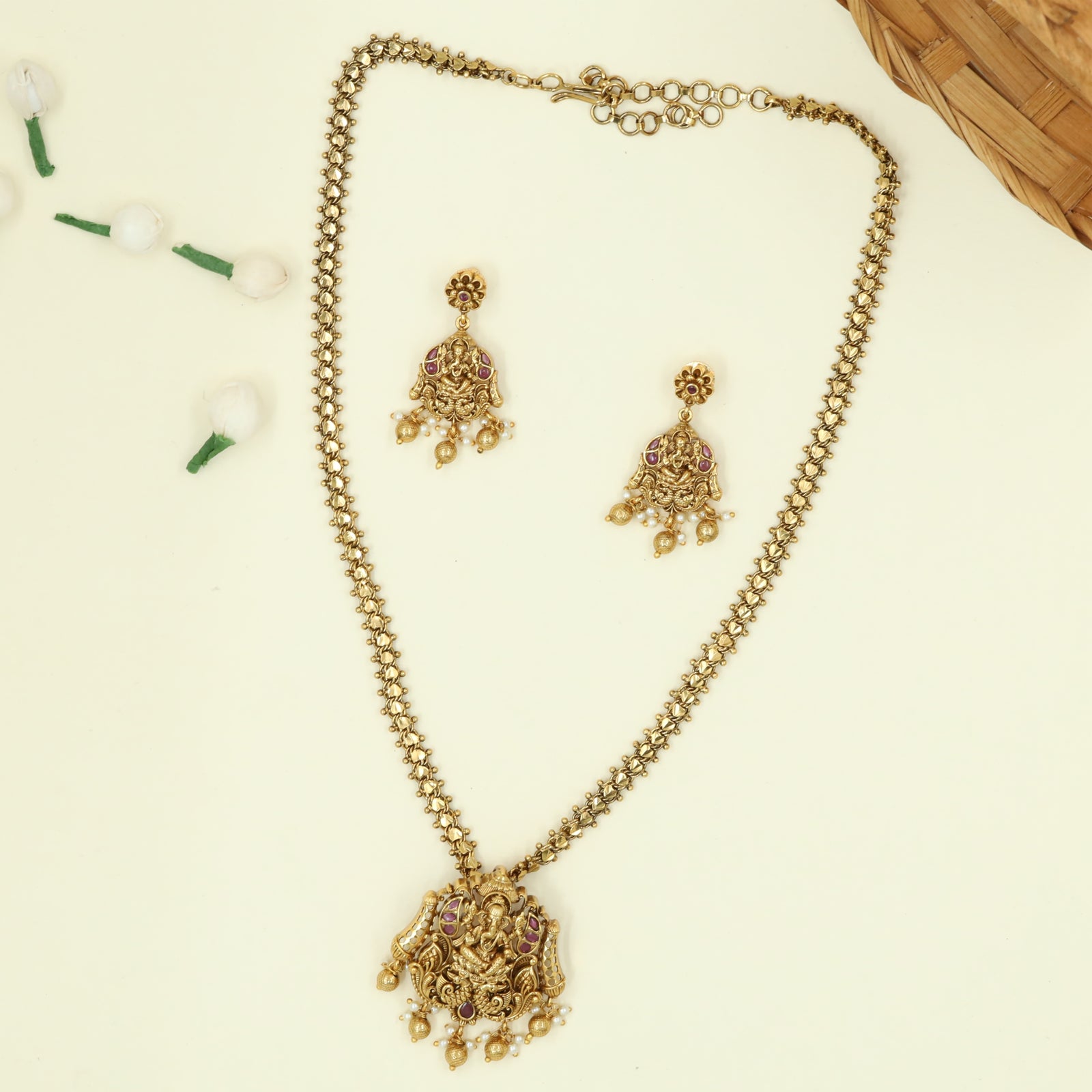 Classic Devotional Pendant Chain with Raised Ganesha Figure and Sphere Fringe
