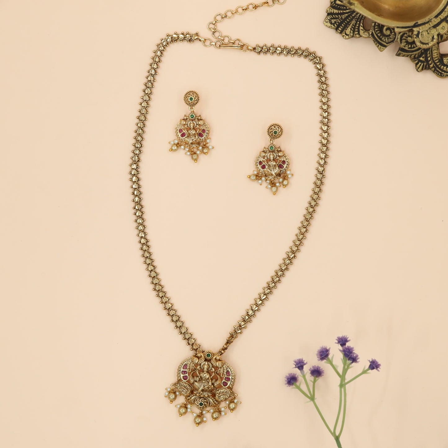 Sacred Lakshmi Lotus Pendant Chain with Twin Swan Arches