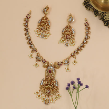 Divine Lakshmi Lotus Pendant Necklace with Peacock Side Motifs and Pearl Fringe