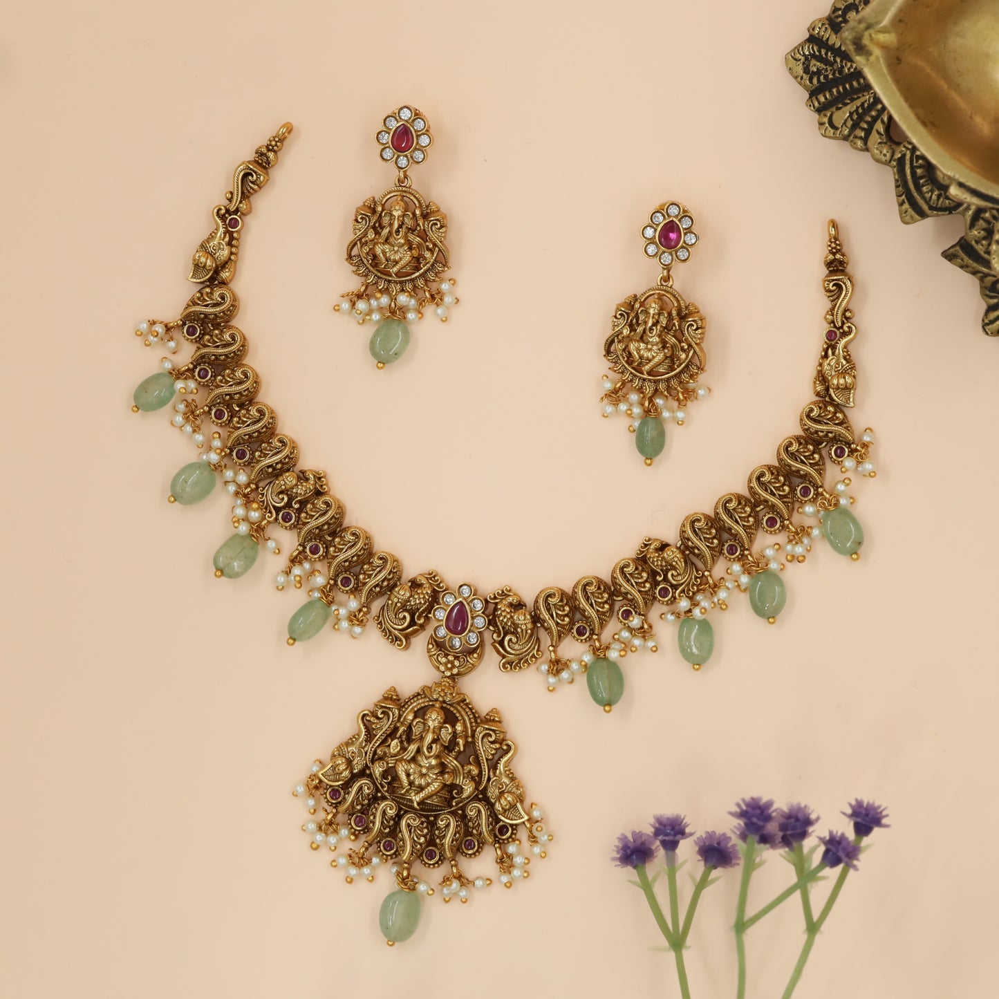 Grand Ganesha Centrepiece Necklace with Teardrop Stone Accents and Bead Danglers
