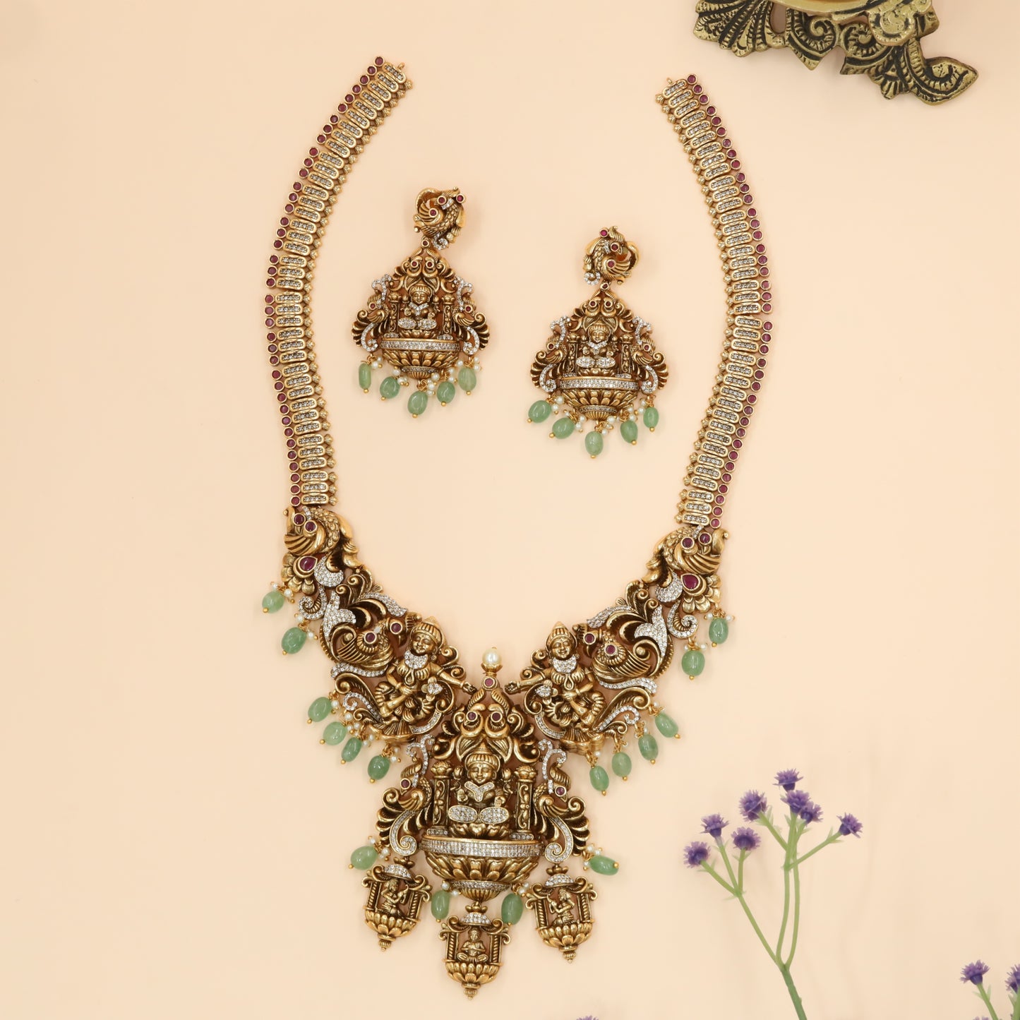 Grand Throne Lakshmi Long Haara with Twin Dancer Panels and Jade Drops