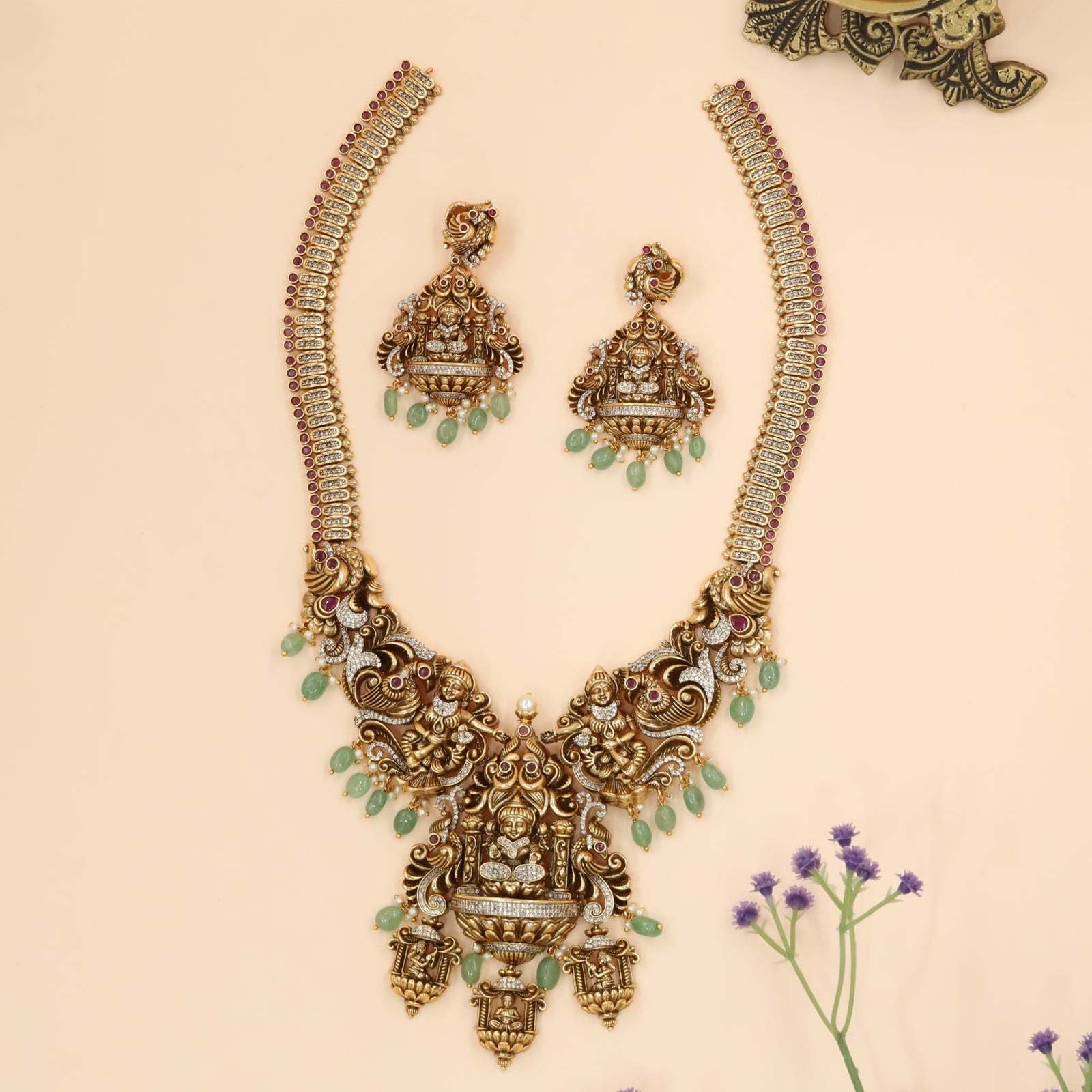 Grand Throne Lakshmi Long Haara with Twin Dancer Panels and Jade Drops