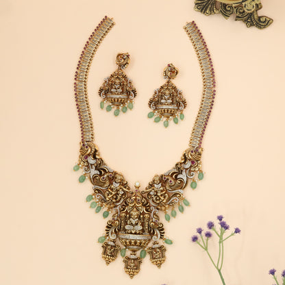 Grand Throne Lakshmi Long Haara with Twin Dancer Panels and Jade Drops