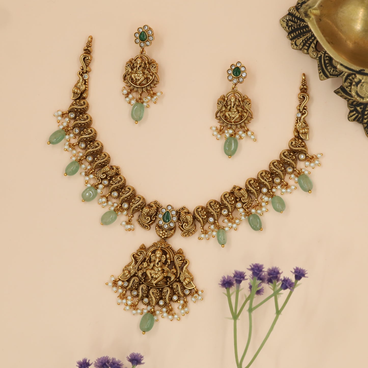 Grand Ganesha Centrepiece Necklace with Teardrop Stone Accents and Bead Danglers