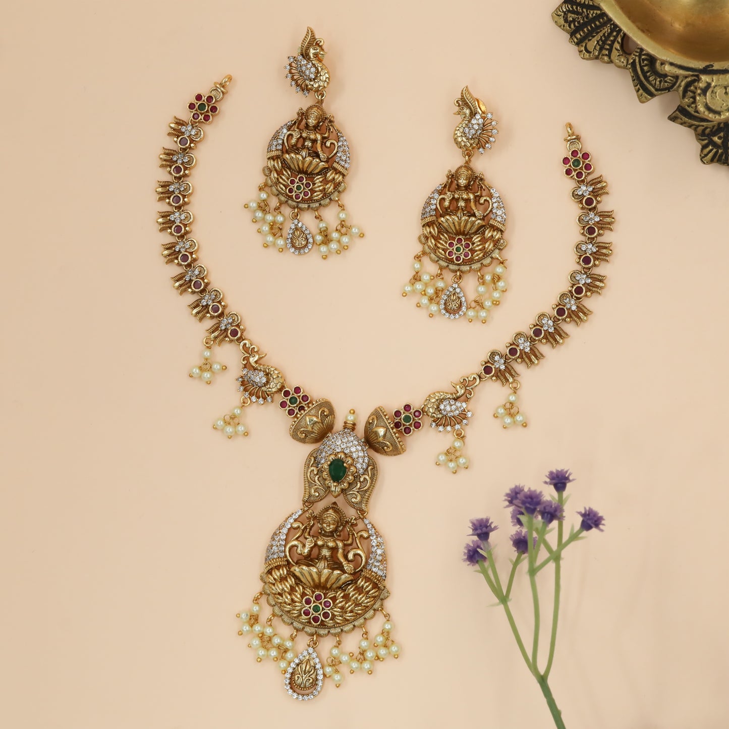 Divine Lakshmi Lotus Pendant Necklace with Peacock Side Motifs and Pearl Fringe