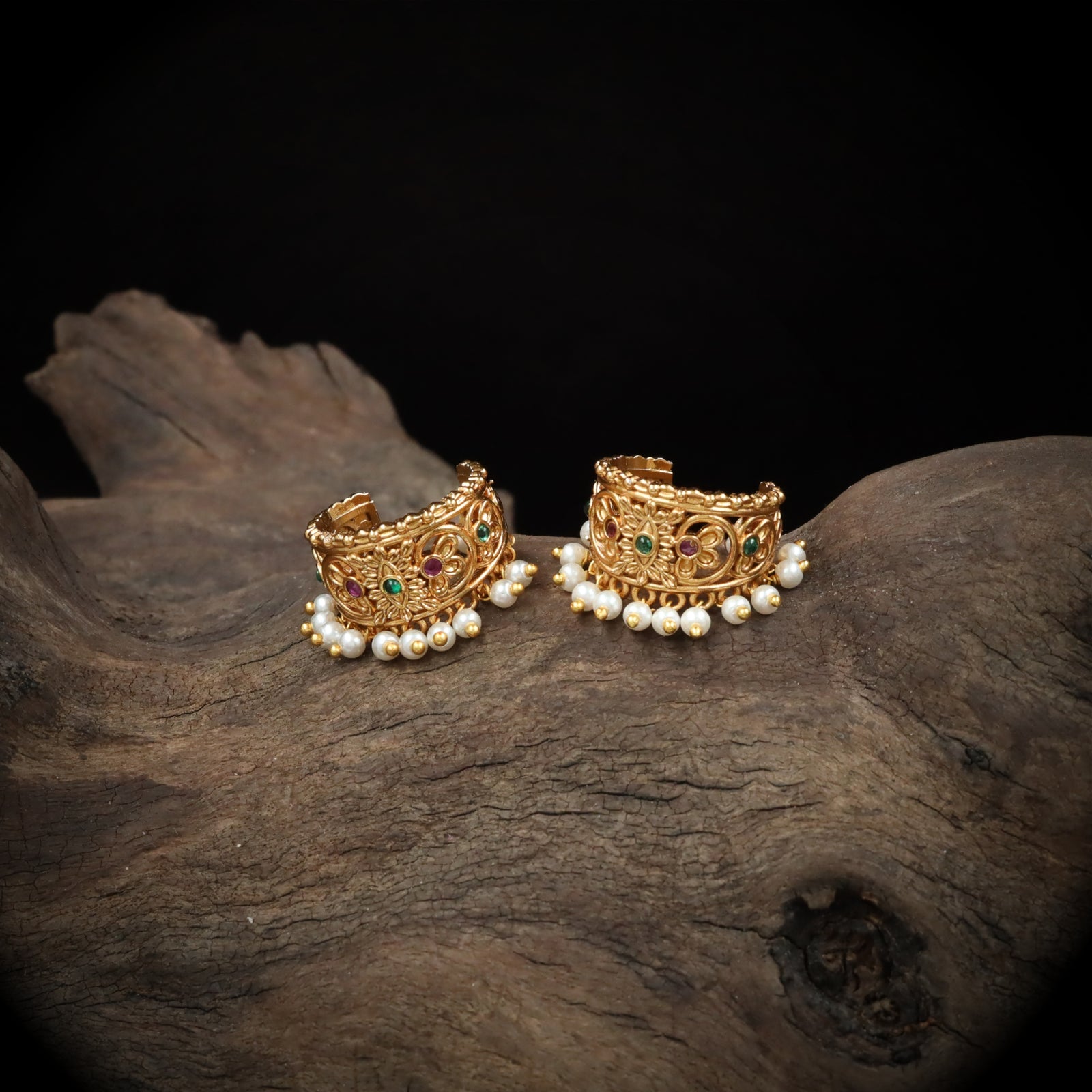 Ornate Floral Scroll Bugadi with Pearl Fringe Detailing