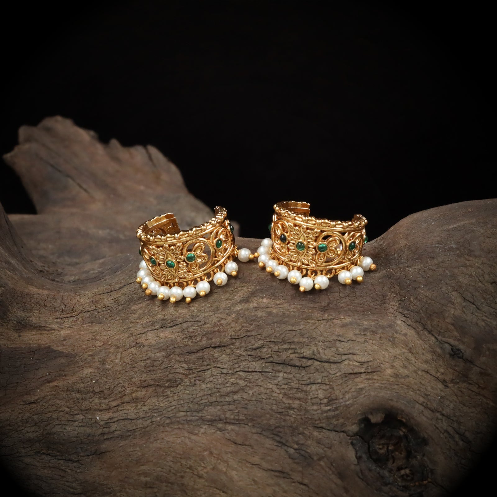 Ornate Floral Scroll Bugadi with Pearl Fringe Detailing