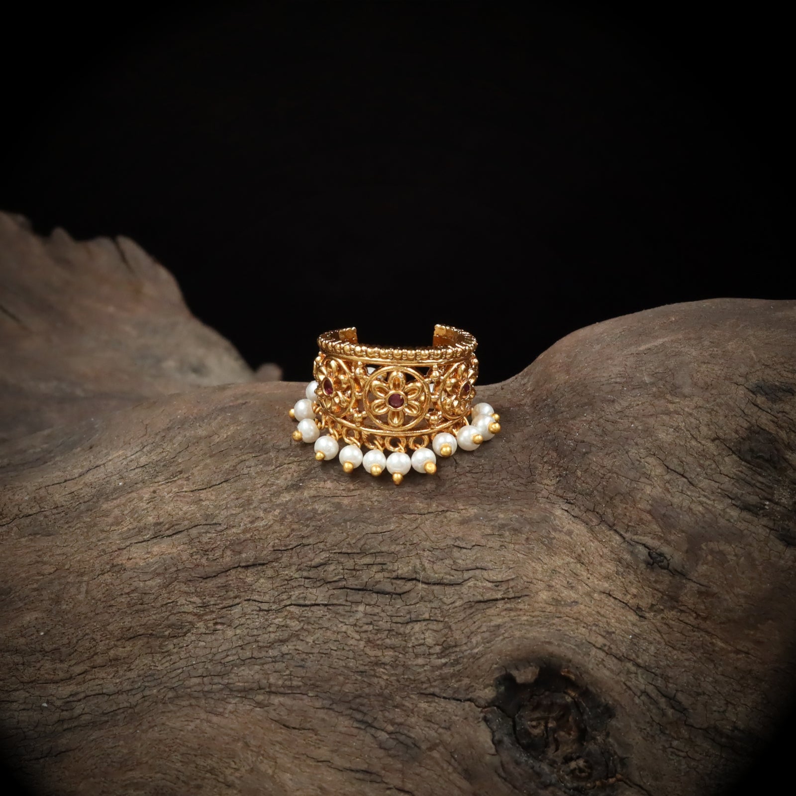 Artisan Crafted Flower Disc Bugadi with Suspended Pearls