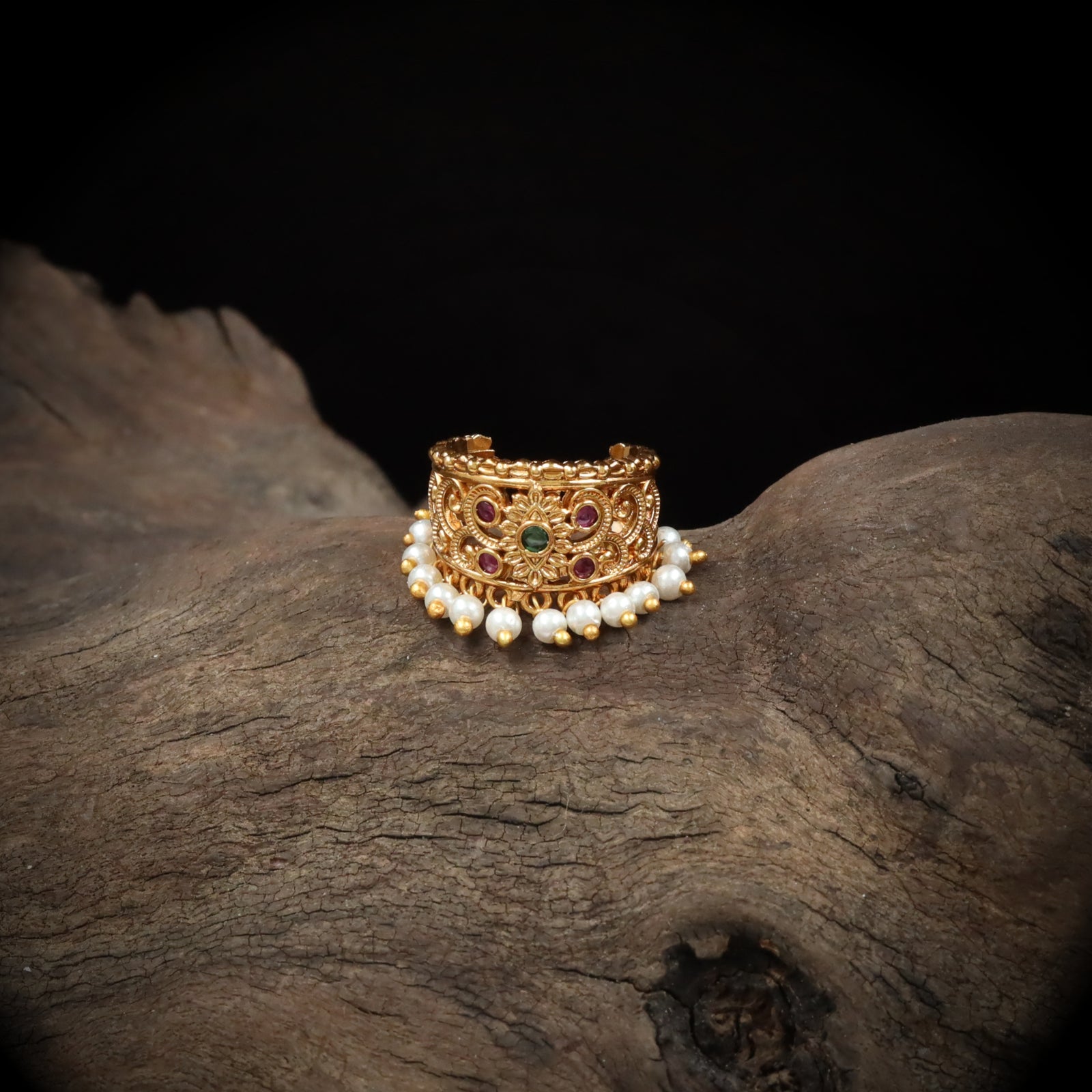 Embossed Flower Cluster Bugadi with Dangling Pearl Finish