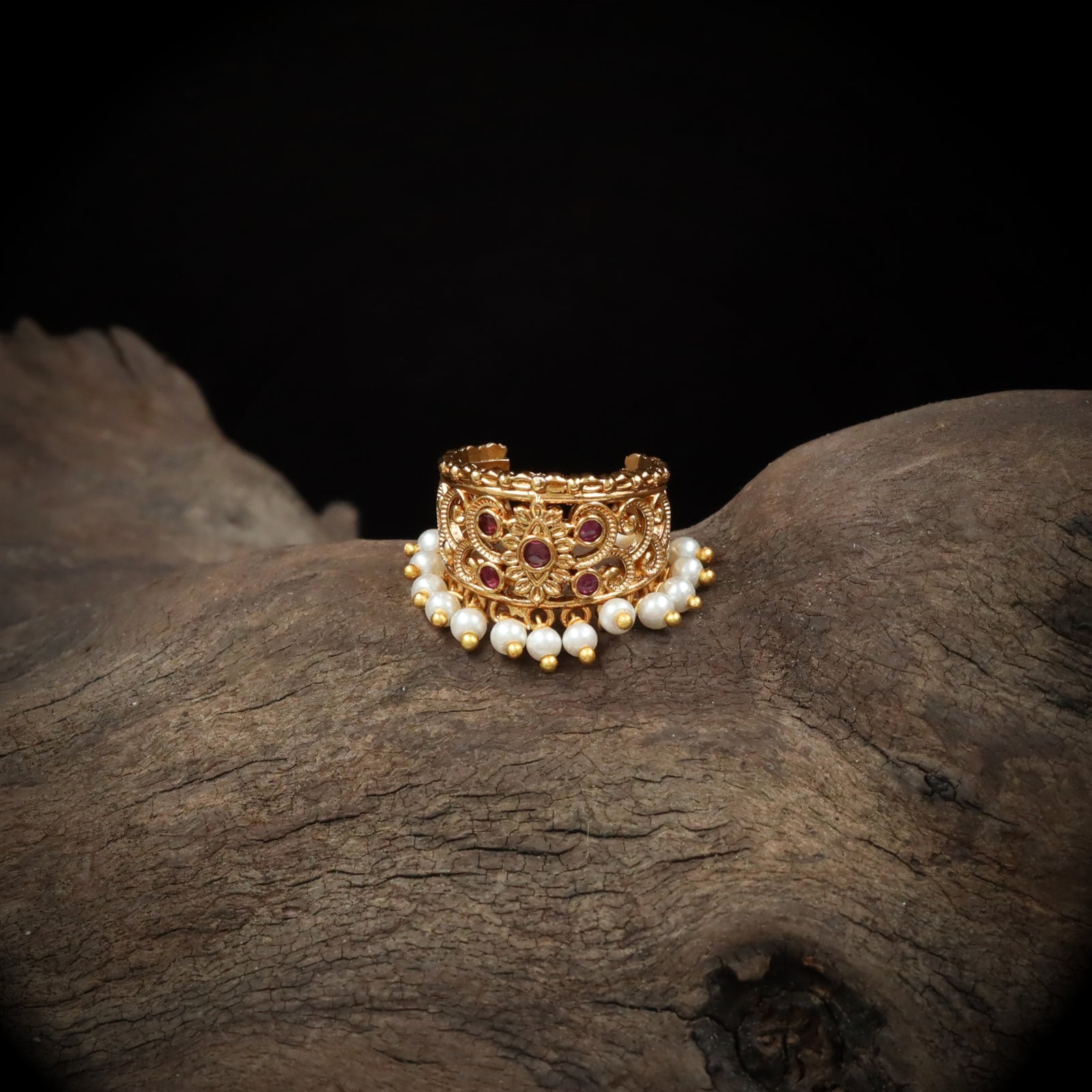 Embossed Flower Cluster Bugadi with Dangling Pearl Finish