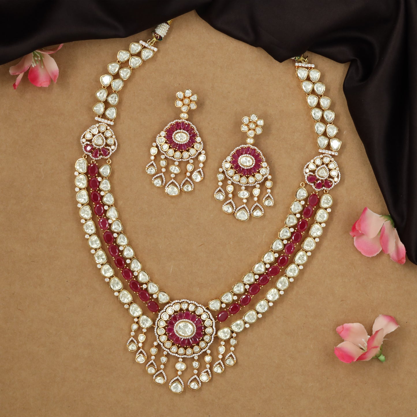 Dual row kundan long haara with circular medallion pendant