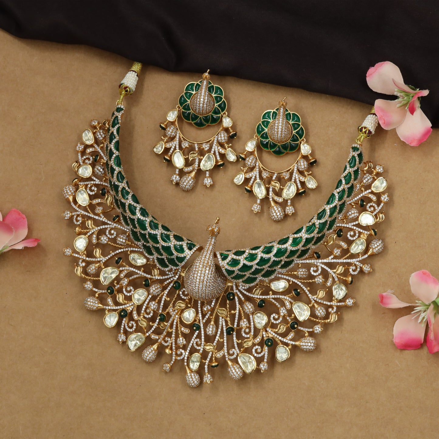 Grand Peacock centre kundan necklace with lattice collar and cascading plume