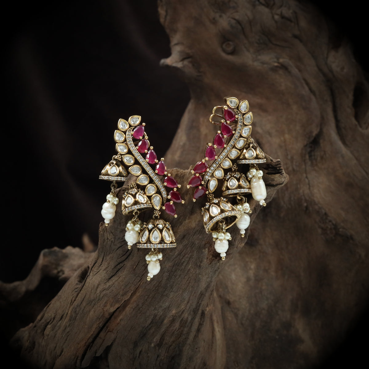 leaf cascade jumka with polki panels and pearl tassels