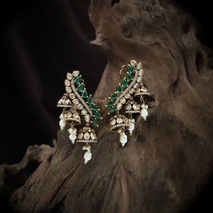leaf cascade jumka with polki panels and pearl tassels