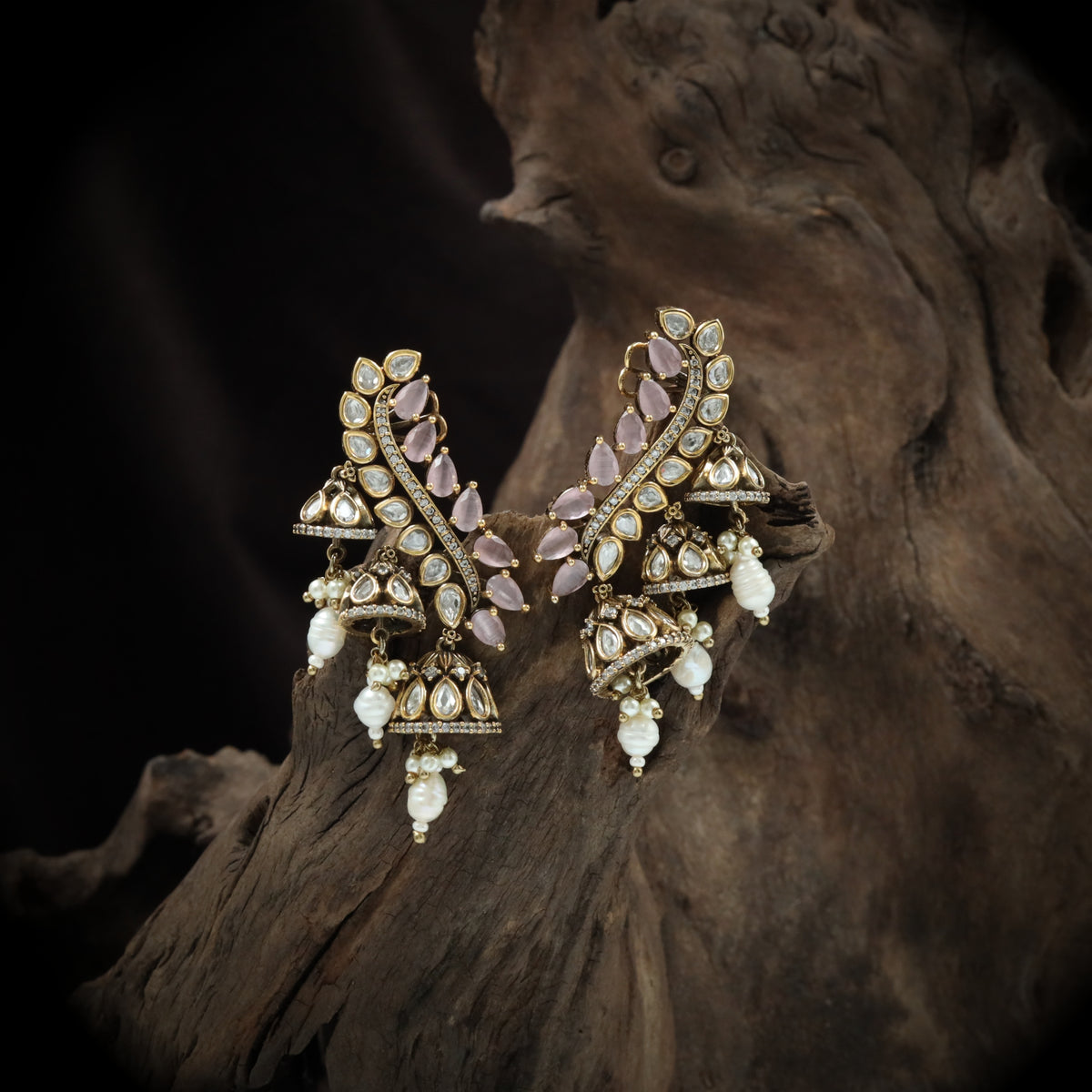 leaf cascade jumka with polki panels and pearl tassels