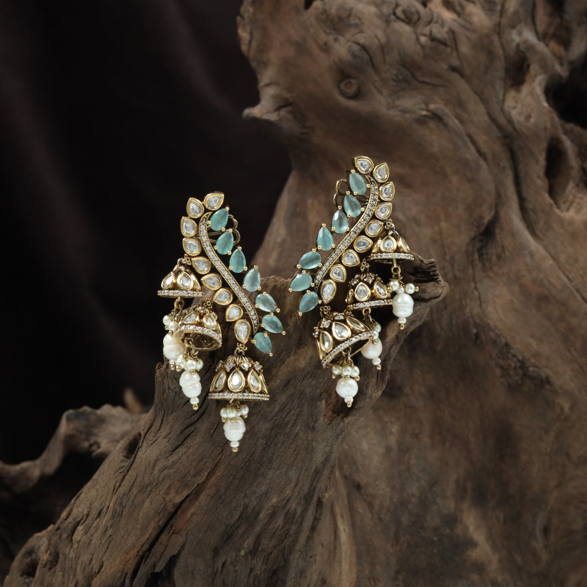 leaf cascade jumka with polki panels and pearl tassels