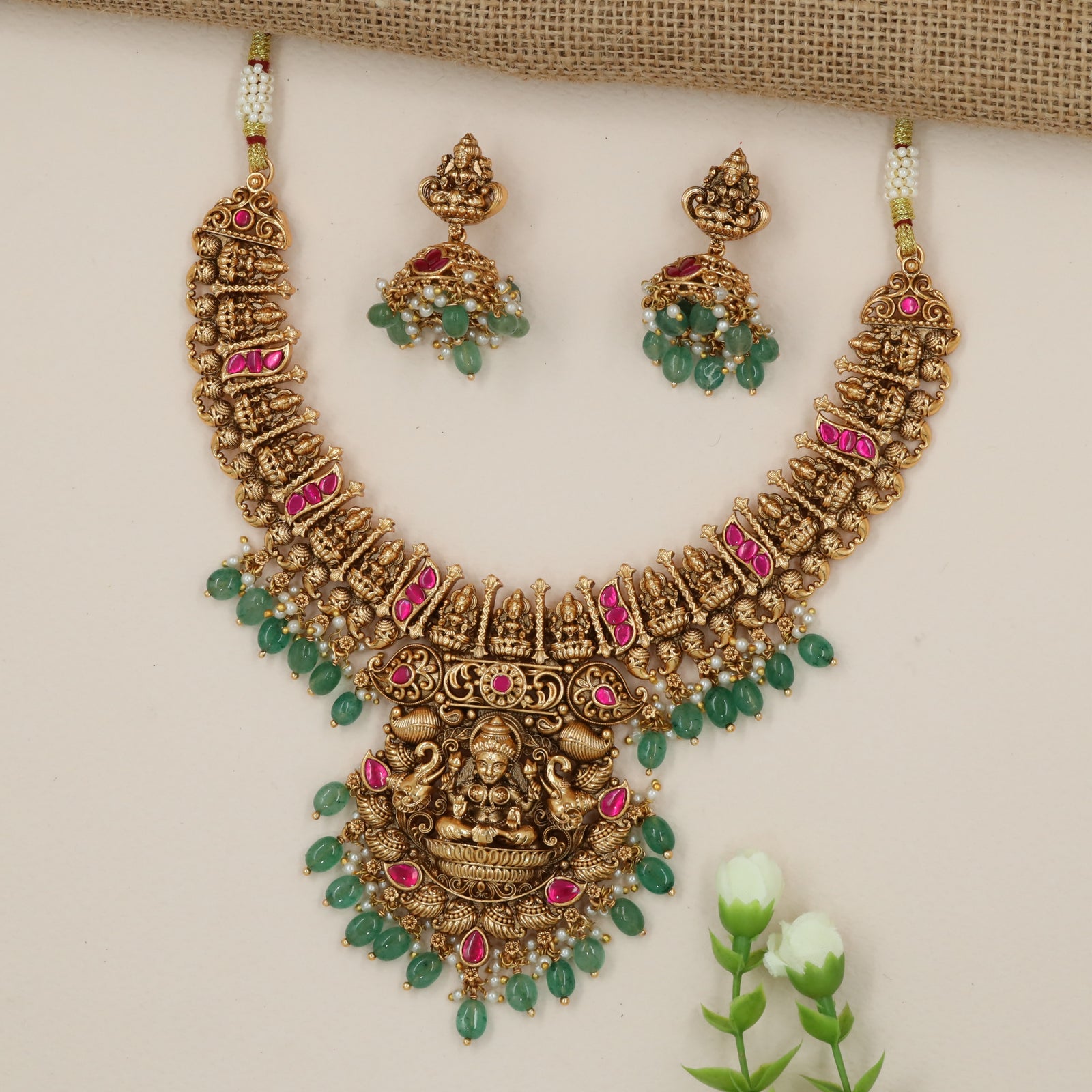 Lakshmi Seated in Lotus Bowl Necklace with Twin Elephant Guardians