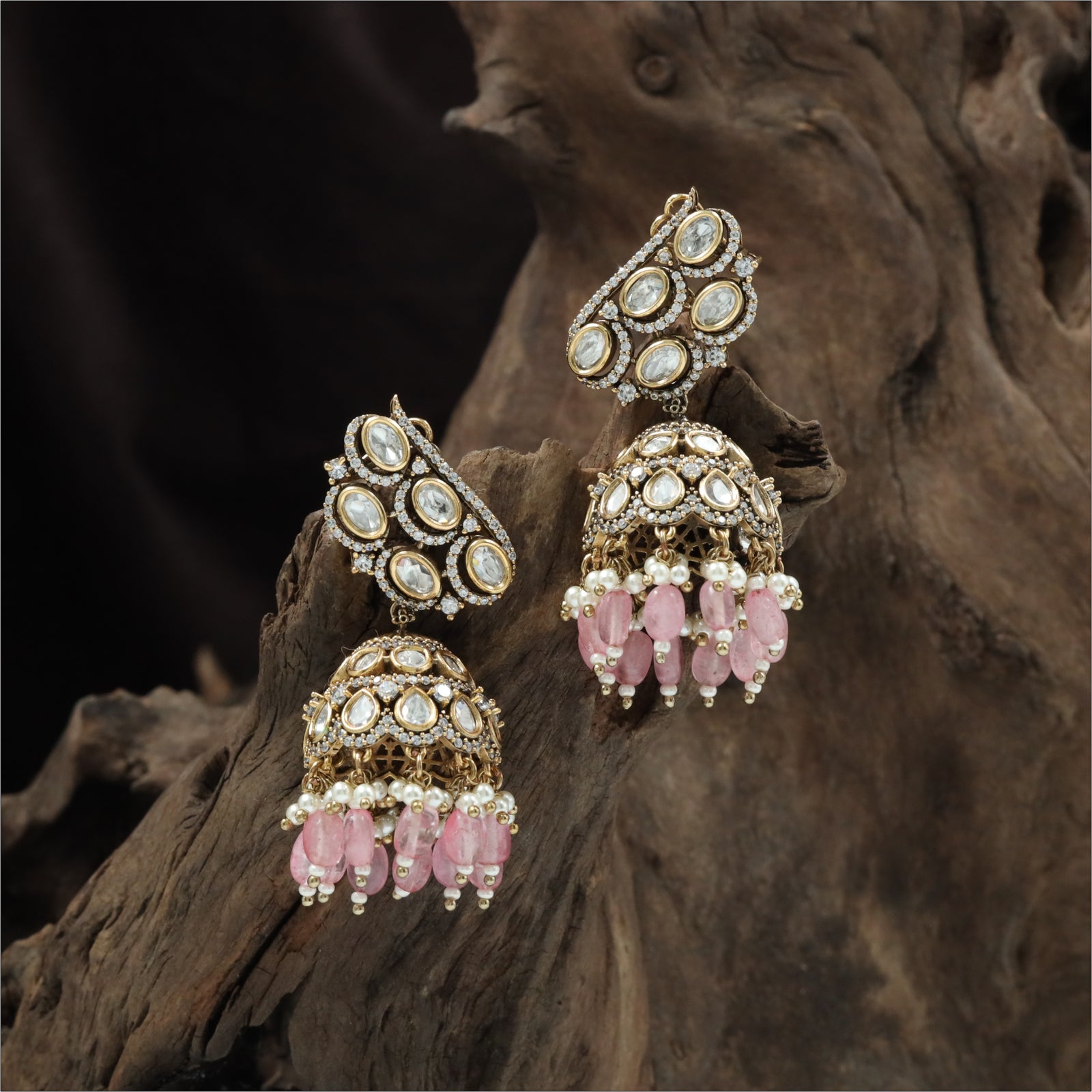 Oval stone cluster jumka with lattice dome and bead tassels