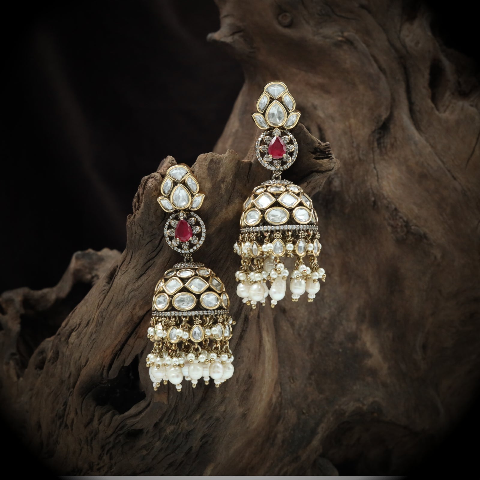 Heritage carved victorian jumka with faceted teardrop layout and chandelier pearls