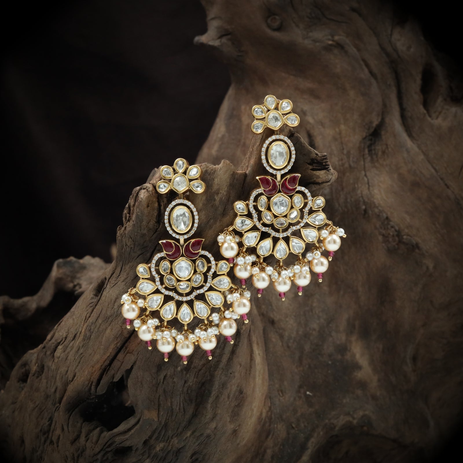 Lotus accent kundan hanging with oval link and tassel drops