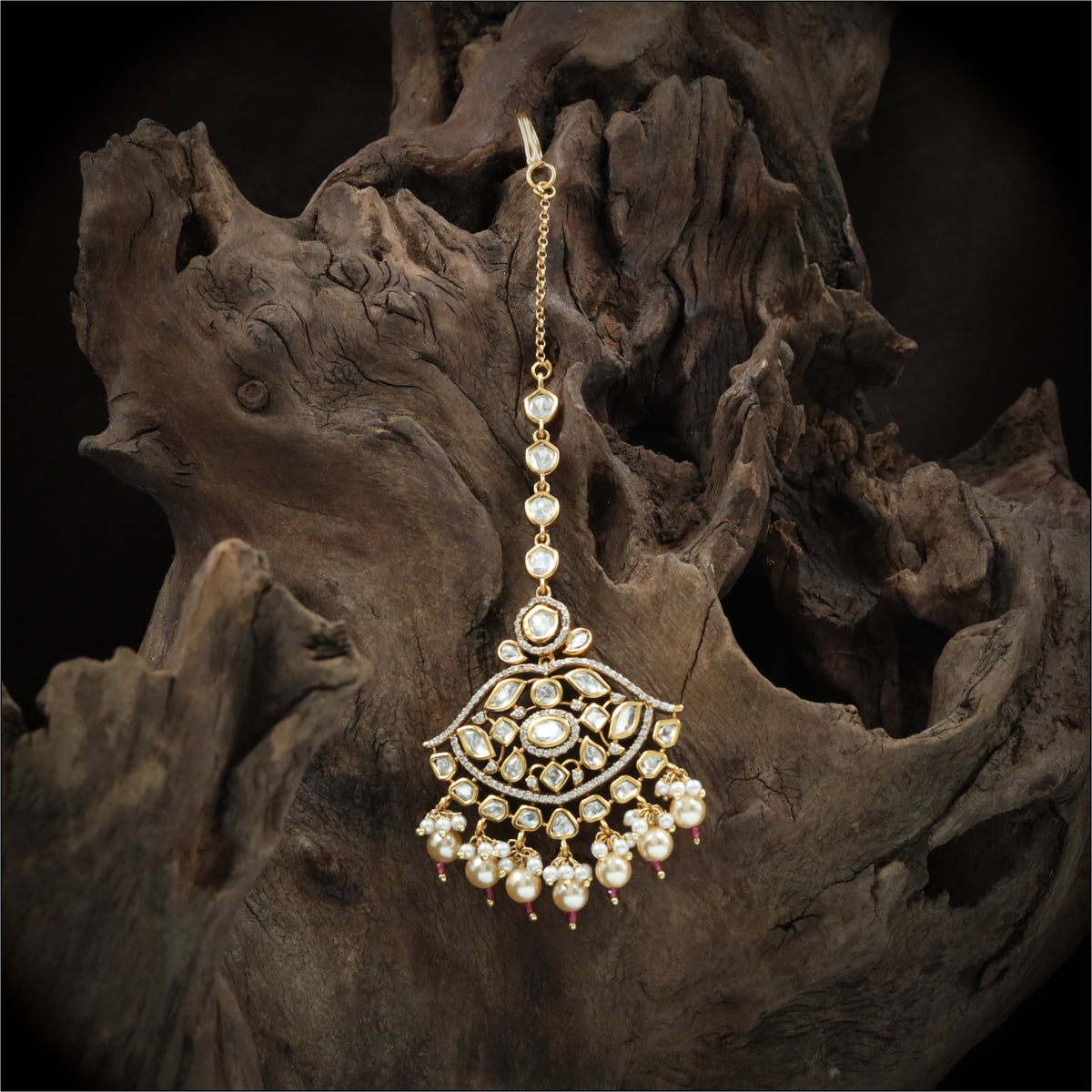 Grand Lattice Medallion Maang Tikka with Pearl Cluster Fringe