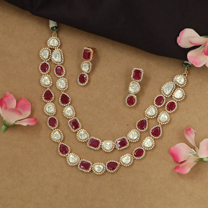 Dual strand Kundan necklace with alternating mixed shape alignment