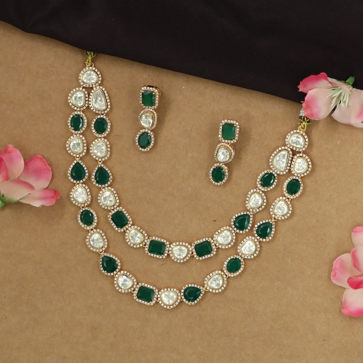 Dual strand Kundan necklace with alternating mixed shape alignment