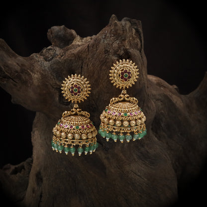 Sunburst Floral Studded Jumka with Dome Lattice Detailing