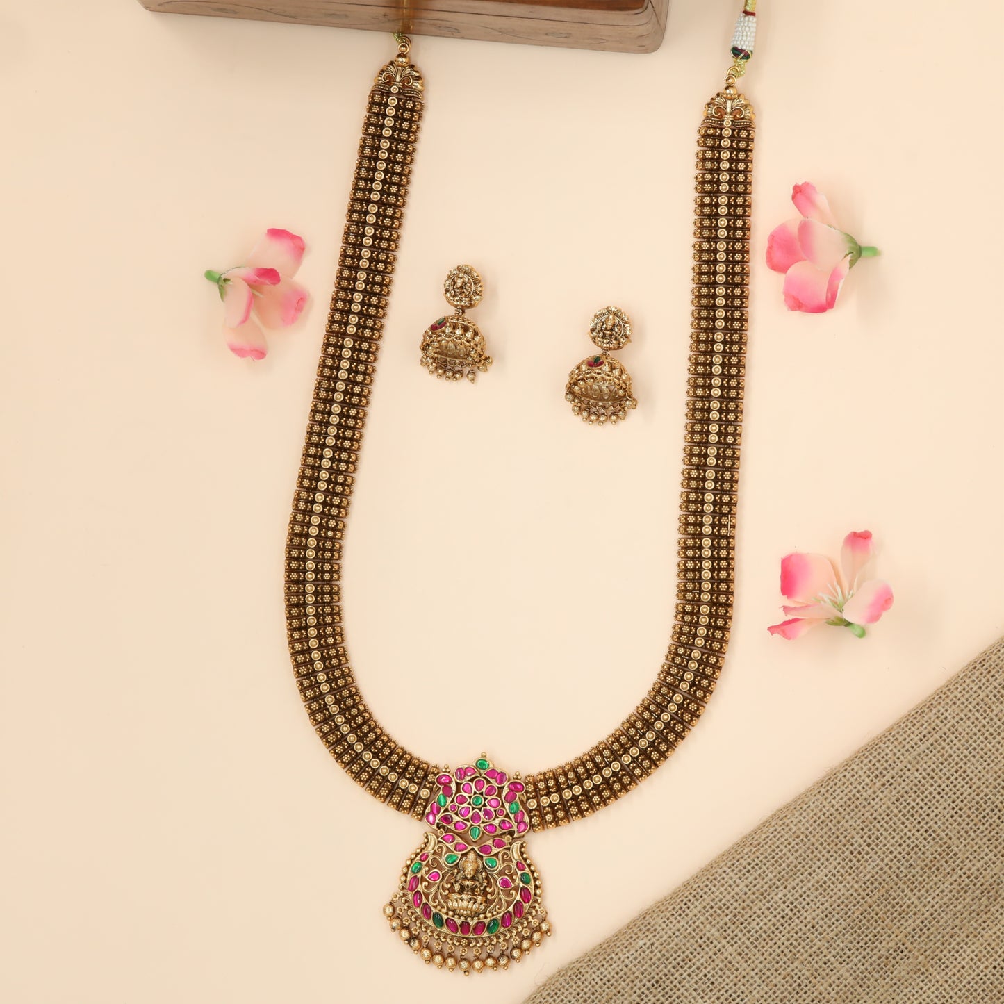 Classic Devotional Lakshmi Embossed Panel Antique Long Haara