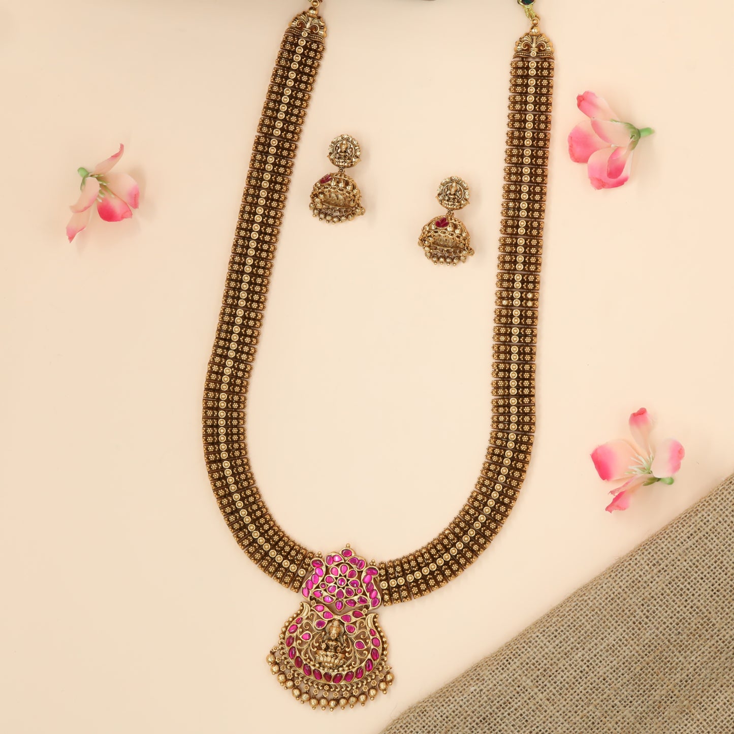 Classic Devotional Lakshmi Embossed Panel Antique Long Haara