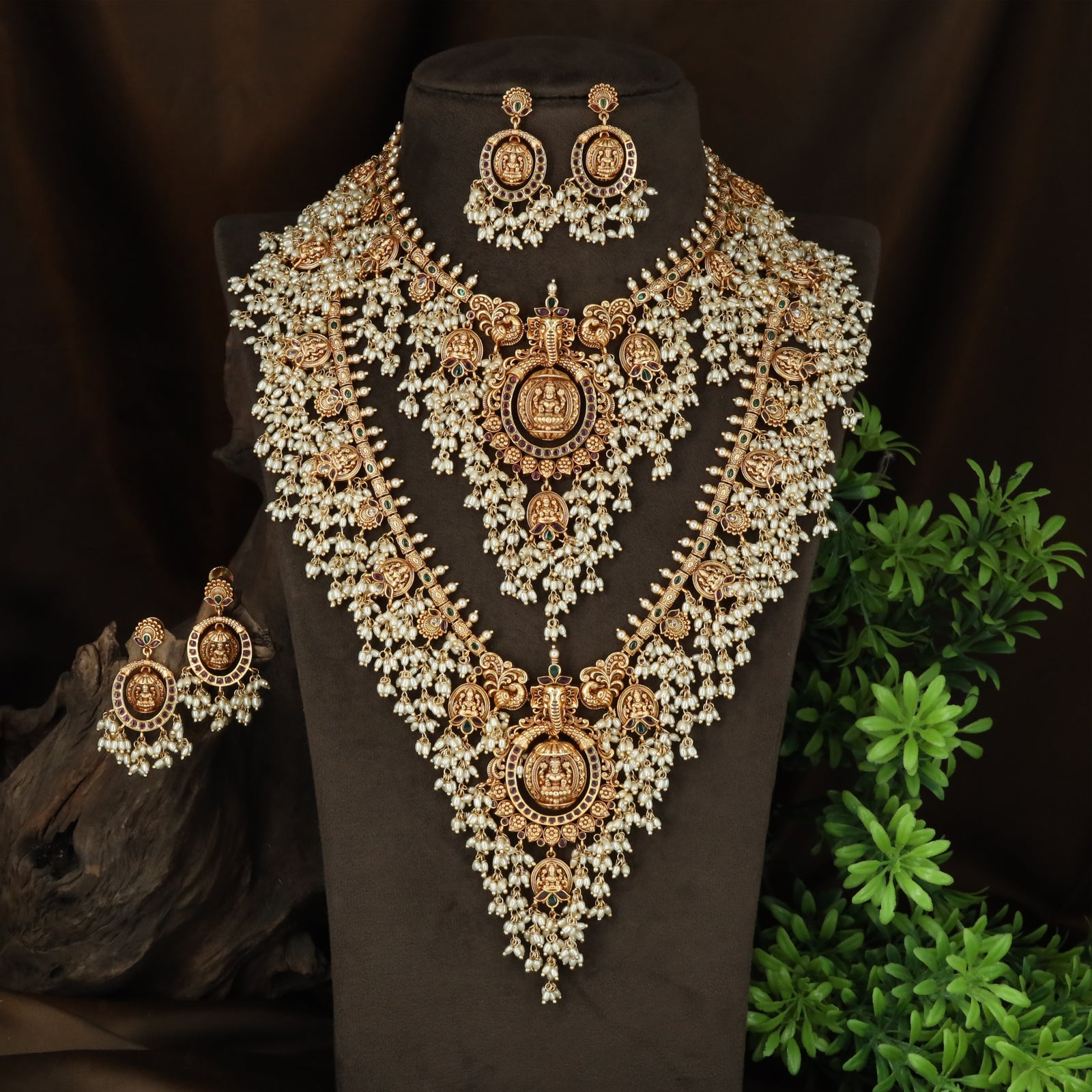 Temple Lakshmi Pendant With Elephant Crown And Pearl Fringe Ensemble