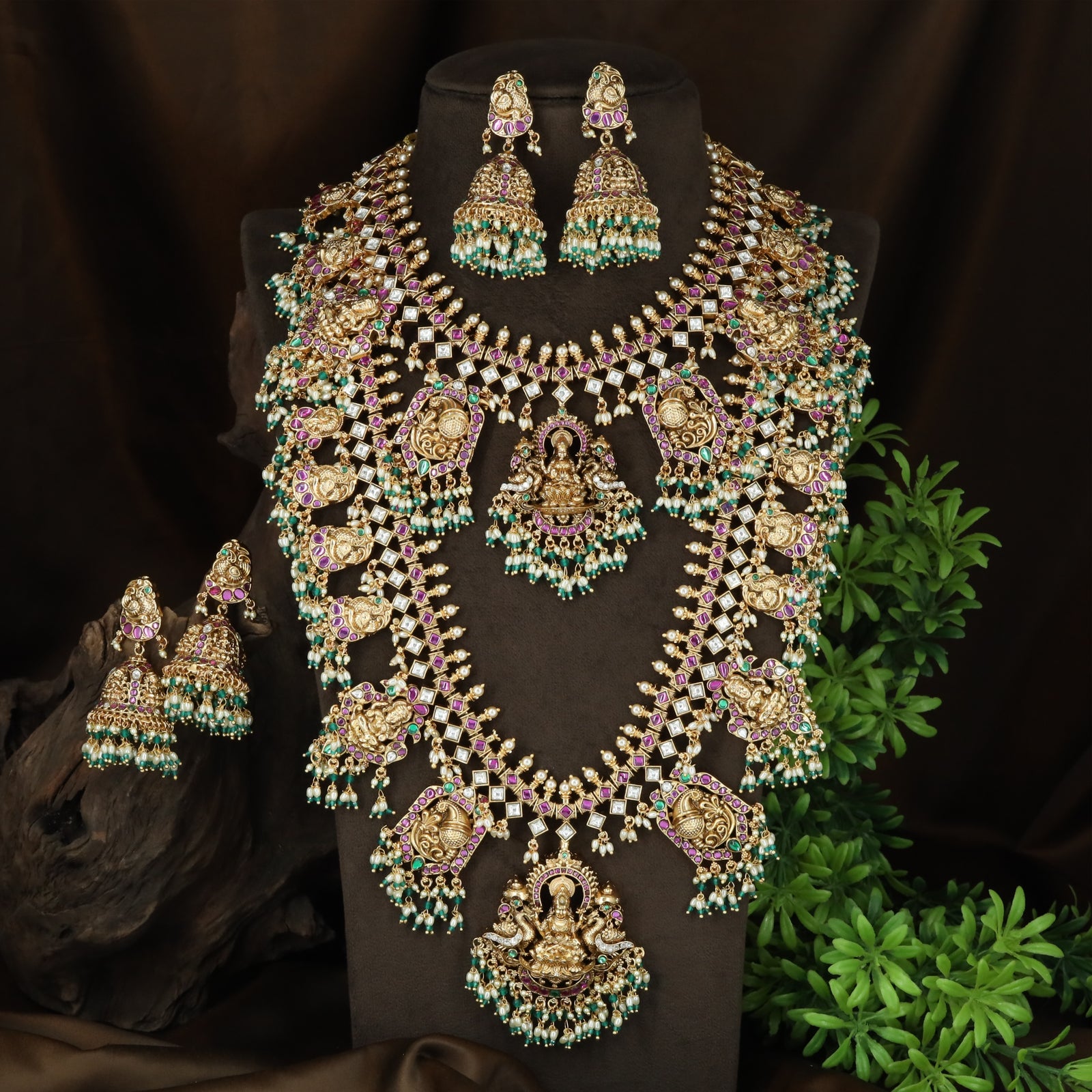 Intricately Carved Lakshmi and Peacock Panel Antique Combo Set with Stone Studded Chainwork