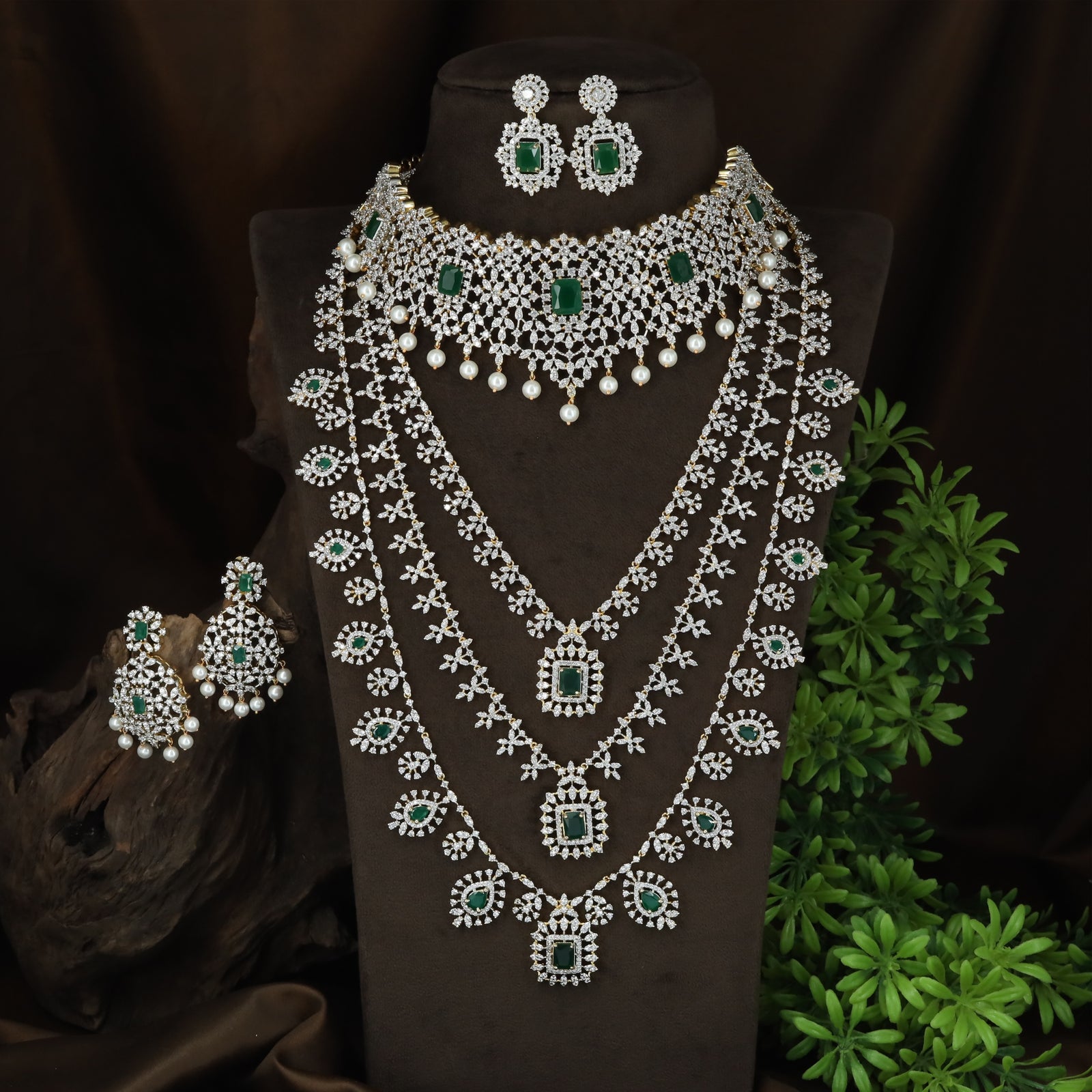 Luxurious Bridal Floral Garland GJ Combo Set with Emerald Statement Pendants
